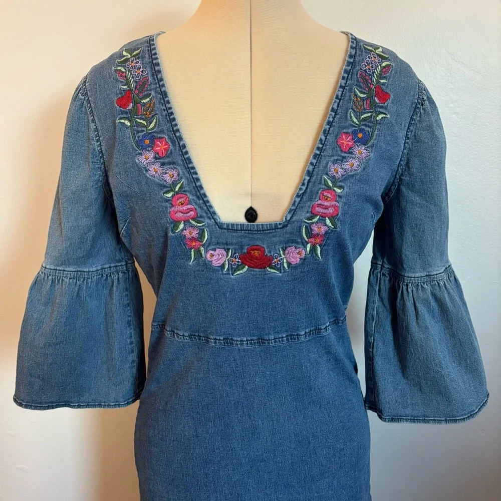 Vintage floral embroidered denim mini dress with bell sleeves